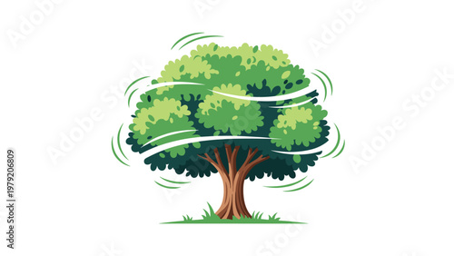 Strong green tree with a sturdy trunk sways and bends under the force of powerful gusts of wind in a simple nature illustration.