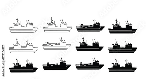 A collection of monochrome fishing boats in various designs and shades