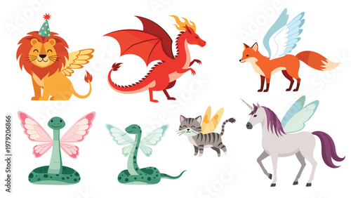 Enchanting collection of mythical creatures including a winged lion, dragon, flying fox, butterfly snakes, and a winged unicorn.