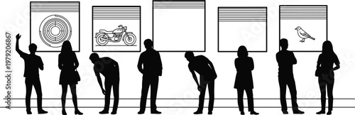 museum, gallery, exhibition, people, silhouettes, art, visitors, viewing, artwork, culture, display, indoor, education, modern, creative, crowd, showcase, frame, illustration, design