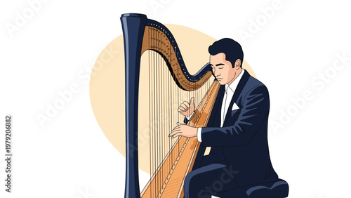 Professional male musician in a dark suit plays a large wooden harp with focus and skill during a formal performance or concert.
