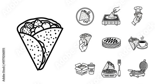 Crepe Icon Set: Cooking, Serving, and Takeaway Options