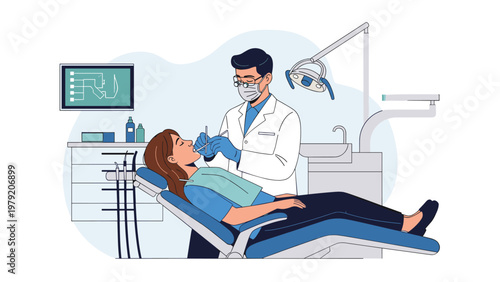 Professional dentist wearing a mask and gloves carefully performs a dental checkup on a young woman lying in a modern clinic chair.