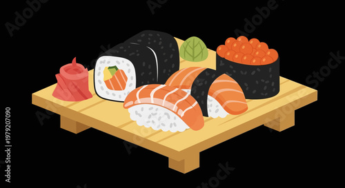 Delicious Sushi Platter with Salmon, Roe, Wasabi, and Ginger