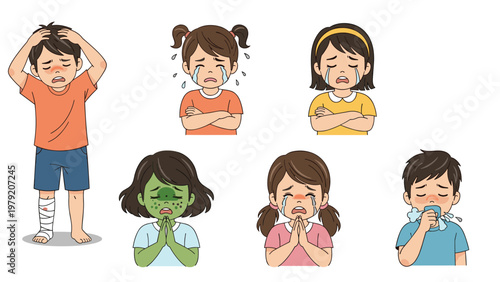 Diverse collection of children experiencing various illnesses and injuries such as a fever, cold, broken leg, and stomach ache.