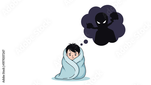 Scared little child huddles under a blanket while imagining a dark and spooky monster in a thought bubble above their head.