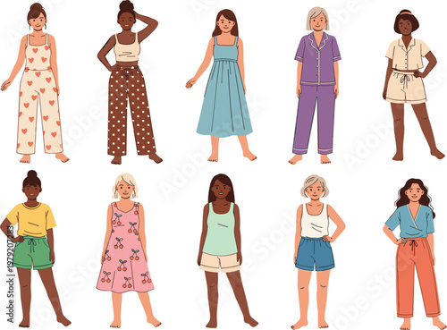 women, diversity, characters, illustration, female, people, fashion, casual, clothing, lifestyle, inclusive, body, positivity, multicultural, style, outfit, modern, set, design, collection