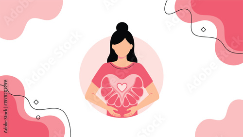 Conceptual illustration of a woman holding her chest where a glowing heart and lungs are visible within a floral design.
