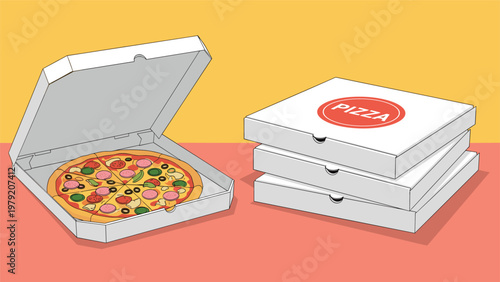 Open cardboard box reveals a fresh pizza with various toppings next to a tall stack of closed delivery containers.