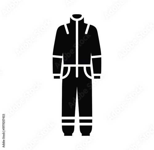 A simple black silhouette depicting a full body protective jumpsuit or coverall