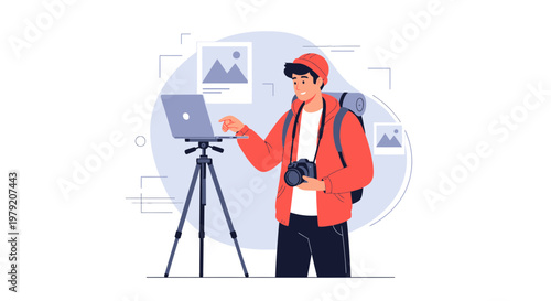 Photographer with Camera and Laptop on Tripod, Editing Photos Outdoors