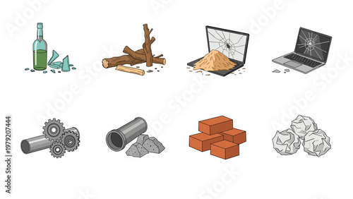 Various types of waste and recyclable materials like broken glass, wood logs, scrap metal, and paper are displayed.