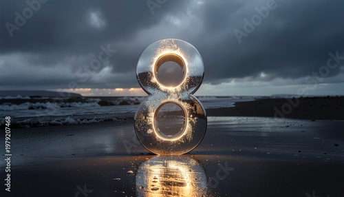 Shiny number 8 on beach.