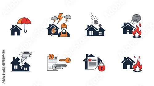 Set of property insurance icons illustrates various risks like fire, flood, storm damage, and theft with house symbols.