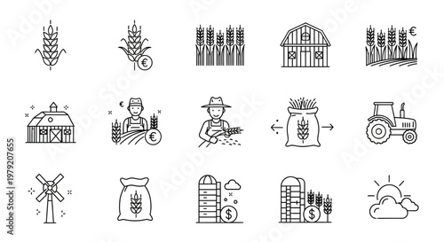 Farming Icons: Wheat, Tractor, Barn, Farmer, Windmill, Silo, Money