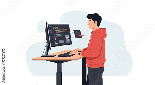 Programmer working on computer at standing desk, coding, technology, modern office