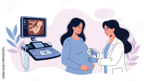 Pregnant woman receives an ultrasound examination from a female doctor using a medical scanner in a bright clinic.