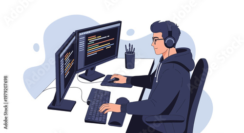 Programmer working on computer with dual monitors, coding and developing software