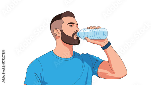Bearded man with a modern hairstyle is drinking water from a clear plastic bottle while wearing a blue t-shirt.