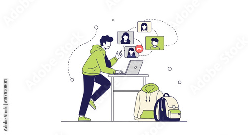 Student video calling with friends, online education, remote learning, digital communication