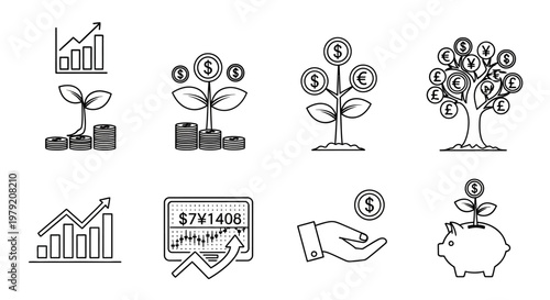 Financial Growth Icons: Money Tree, Piggy Bank, Graph, Hand, Tablet