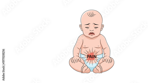 Baby in a diaper is shown sitting and crying while touching its belly with a red radiating pain spot on the skin.