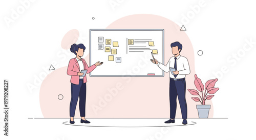 Teamwork and planning: colleagues discussing project on whiteboard with sticky notes