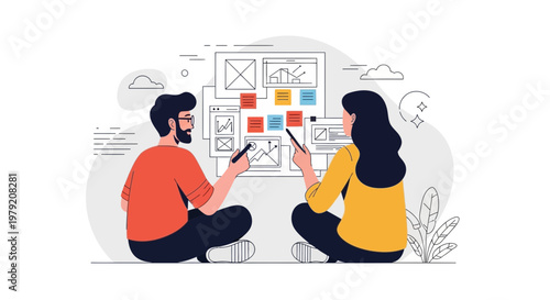 Teamwork in web design: two designers planning website layout and user interface