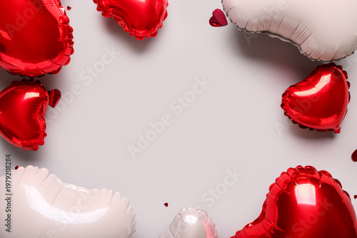 Frame made of heart shaped air balloons and confetti on grey background. Valentine's Day celebration