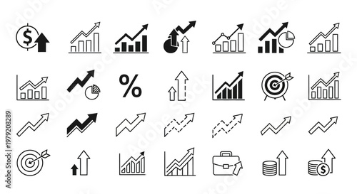 Financial Growth Icons: Upward Arrows, Charts, Bull Market, Bullish Trend