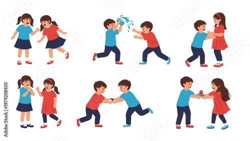 Group of children are shown in various conflict situations like arguing, fighting over toys, and splashing water.