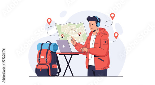Traveler planning trip on laptop with map and backpack, digital nomad concept