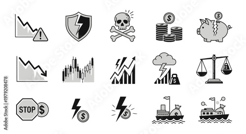 Financial Risk Icons: Downturns, Danger, Investment, and Loss