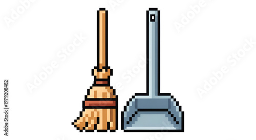 Cleaning Tools Broom and Dustpan Pixel Art Icon Set