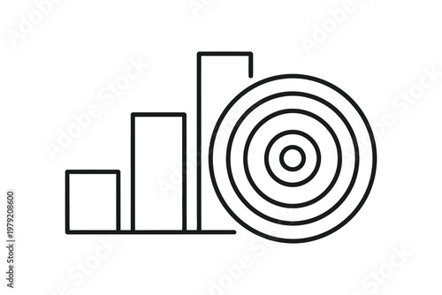 Black and white bar chart and target with concentric circles