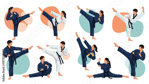 Male and female martial artists are shown performing various karate and taekwondo kicks and strikes in uniforms.