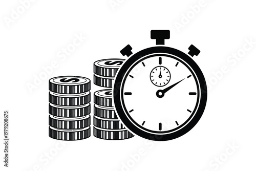 Black stopwatch and stack of silver coins money time