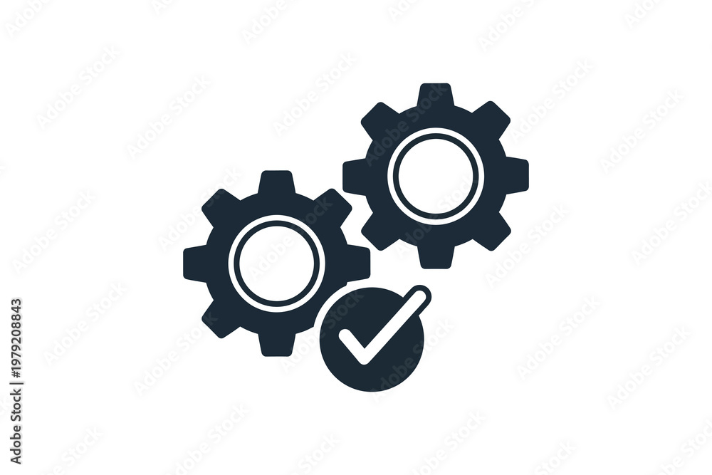 Fototapeta premium Dark blue gears with check mark on white background