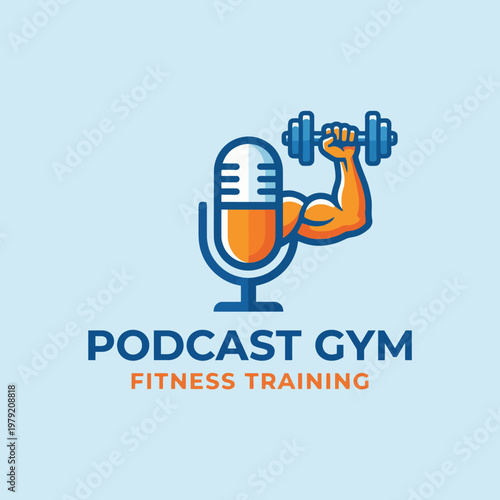 A creative and dynamic logo featuring a microphone and dumbbell, representing a synergy between fitness and podcasting, ideal for fitness-focused podcast brands.