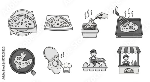 Food Preparation and Cooking Illustrations - Eggs, Tacos, and Street Food Icons