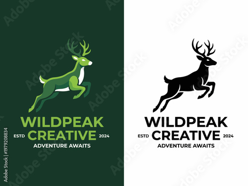 A striking logo featuring a majestic deer, symbolizing adventure, exploration, and creativity in nature, perfect for outdoor brands and creative agencies focused on adventure.