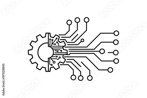 Black and white line of circuit board with gears line electronics