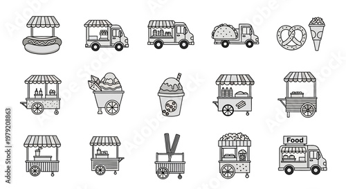 Food Truck Icons Set: Street Food Carts, Mobile Kitchens, Fast Food Vehicles