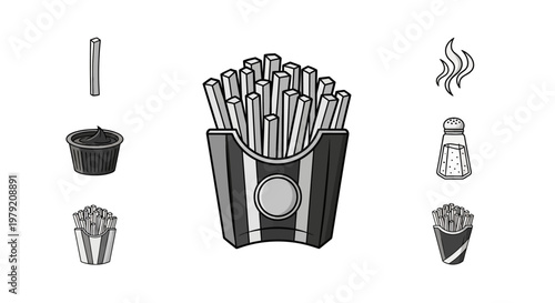 French Fries Icon Set: Fast Food, Snack, and Condiments Collection