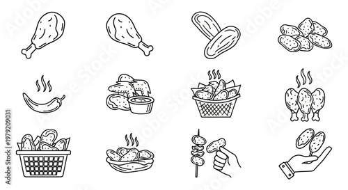 Fried Chicken Icons: Drumsticks, Wings and Fries - Outline Style