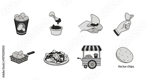 Fried Chicken Icons Vector Set: Fast Food, Street Food, Potato Chips, and Snacks