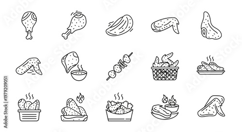 Fried Chicken Icons Set: Drumstick, Wings, Skewers, Nuggets & More