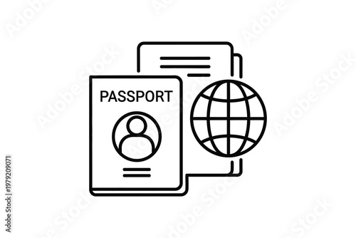 Black and white line passport globe and documents line travel