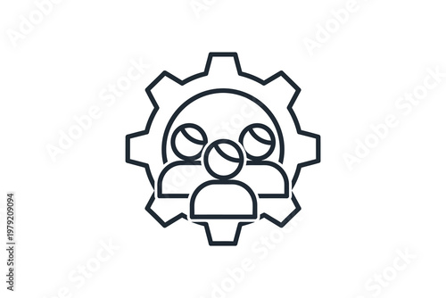 Black and white gear with two people and light bulb