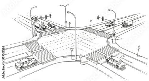 Busy City Intersection with Cars and Traffic Lights Hand Drawn Sketch.